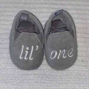 Gray Baby Booties with Embroidered Text